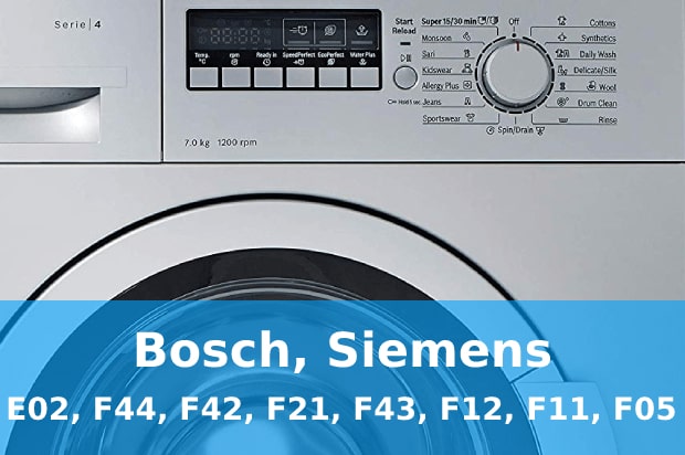 Помилки E02, F44, F42, F21, F43, F12, F11, F05 пральні машини Bosch, Siemens