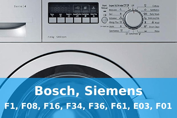Помилки F1, F08, F16, F34, F36, F61, E03, F01 пральні машини Bosch, Siemens